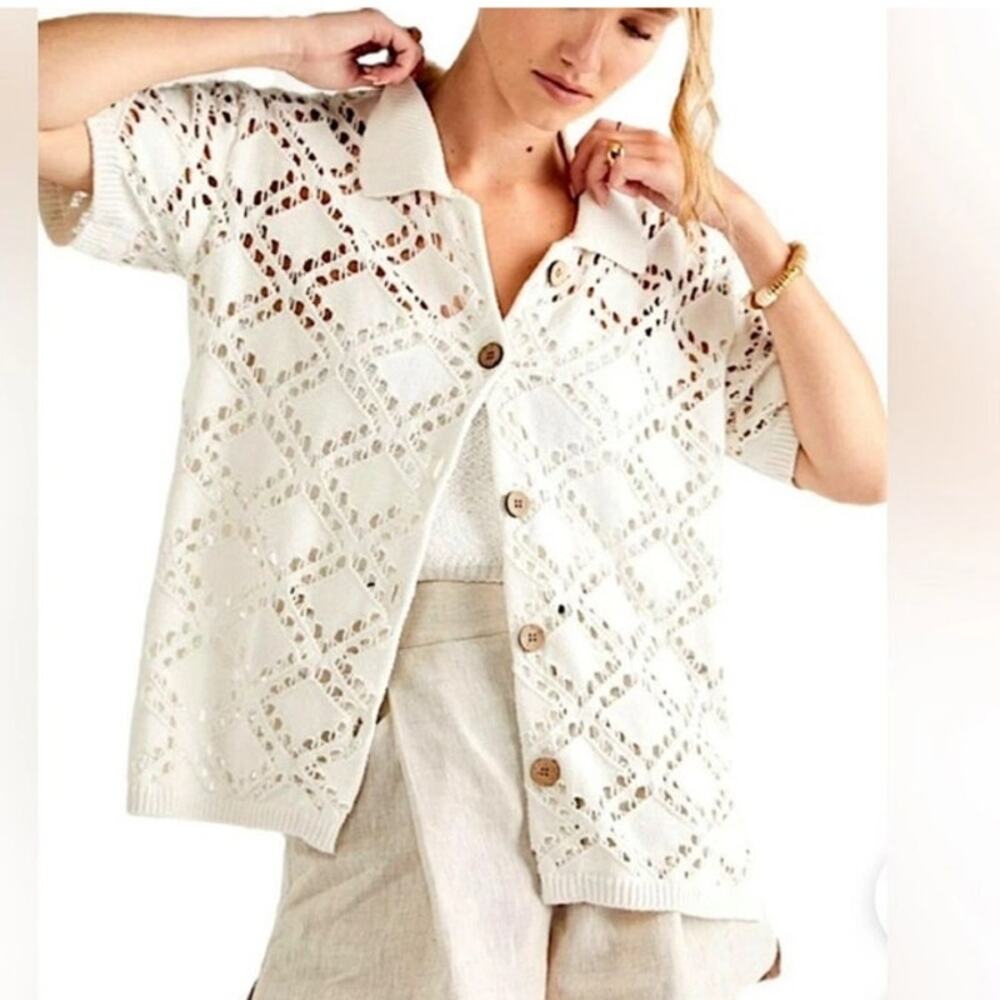 Free People Beach Emily fauxchet cardigan M open knit button front boho top